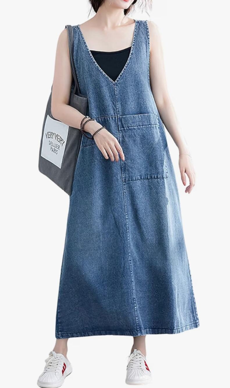 Summer Loose Denim Dress Casual A-Line Maxi Long Denim Dress Tank Sundress